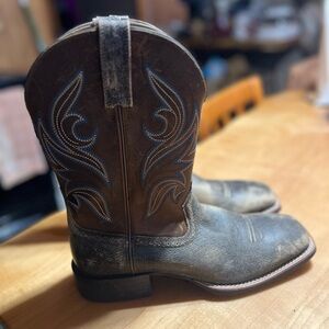 Ariat Distressed Brown Cowboy Boots with Blue Stitching